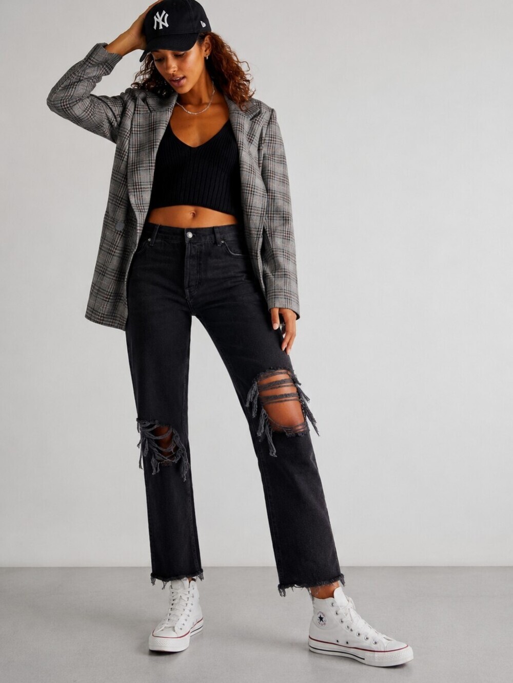 Free People Maggie Mid Rise Washed Black Distressed Straight Leg Crop Jeans.